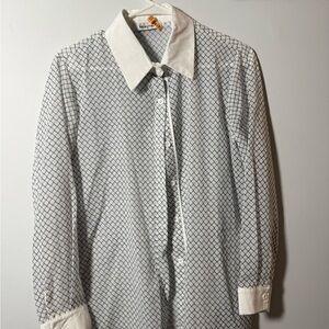 White and Black Patterned Button-Up Shirt